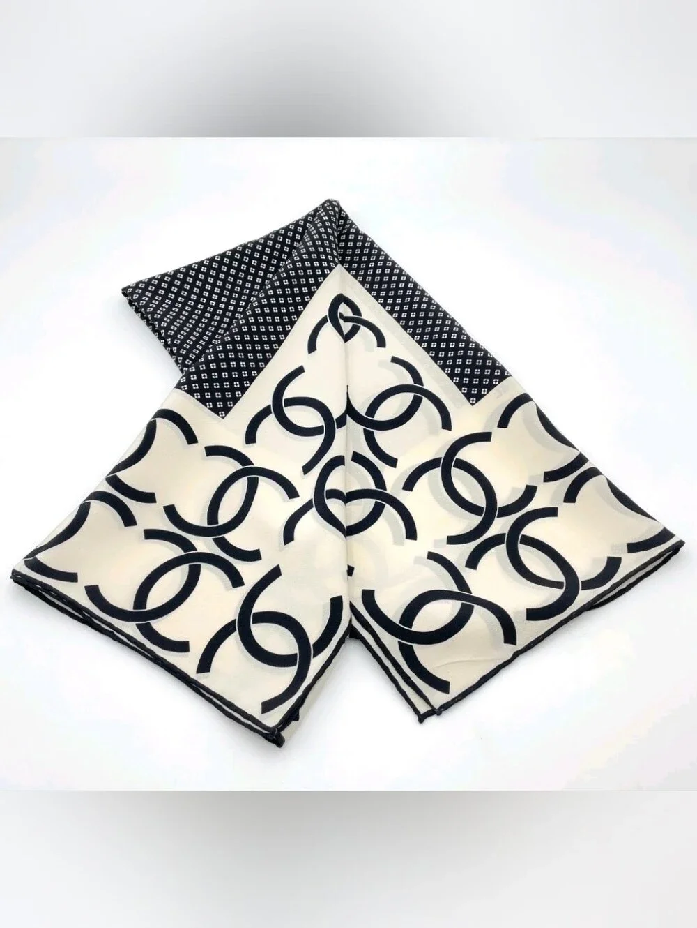 CHANEL Black & White Interlocking CC Silk Scarf
